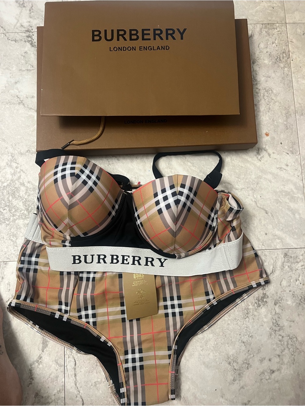 Burberry Tan Nova Check Bikini Set with Black Trim